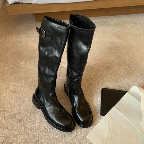 Bottes de chevalier montantes à talons épais en cuir de cheval lavé pour femmes (1/2)