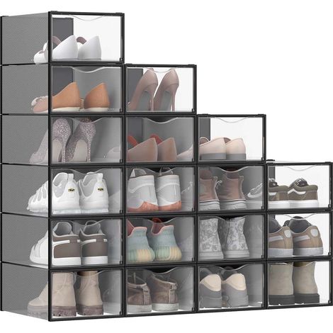 Cajas organizadoras de zapatos de plástico con puerta juego de 12 apilables fácil montaje 332 x 23 x 145 cm para tallas de calzado hasta 43 color negro 120004464 (1/5)