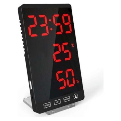 Horloge à miroir LED, thermomètre et hygromètre, horloge météo électronique, réveil, lettres rouges en gras (1/4)