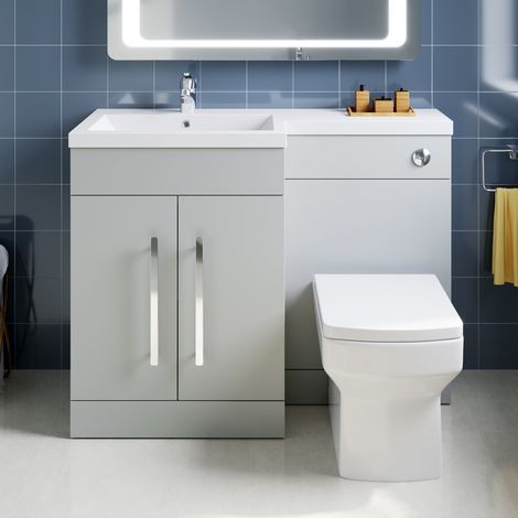 ELEGANT 1100mm L Shape Bathroom Vanity Sink Unit Furniture Storage,Left Hand Matte Grey Vanity unit + Basin + Ceramic Square Toilet with Concealed Cistern