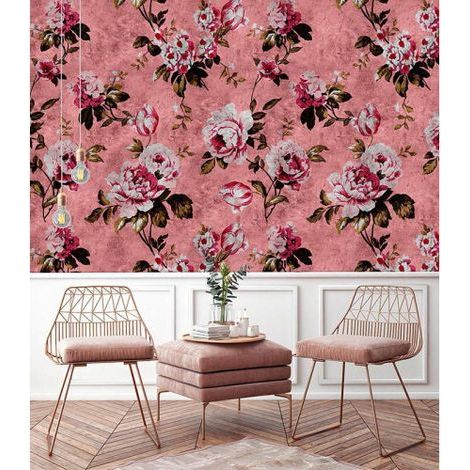 Papier peint panoramique salon floral vieux rose Tapisserie panoramique motif rose idéale couloir Papier peint panoramique fleuri chambre fille (1/3)