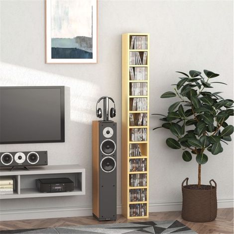 Multimedia Storage Rack for CDs,Blu-rays,and Video Games-12-Tier Organizer with Solid MDF Construction,Pine Wood Finish,204 Capacity
