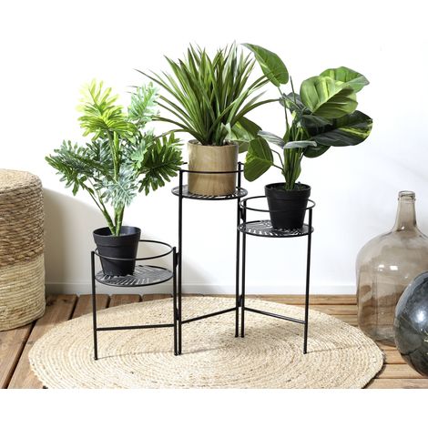The Home Deco Factory – Porte-plantes en métal noir – 3 plateaux ajourés de différentes hauteurs – Design moderne et élégant pour intérieur