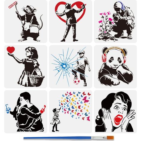9 Pochoir de Peinture Avec Pinceau 30x30cm Peinture Rat Graffiti Homme Football Garçon Pensée Profonde Panda Modèle de Dessin Couple Câlin Femme Criante Motif Pochoir DIY (1/5)