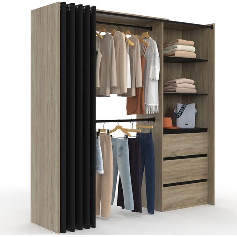 Idmarket – Dressing modulable extensible 120/170 x 50 x 180 cm – Hêtre avec 3 tiroirs et étagères – Double penderie avec rideau noir (1/5)