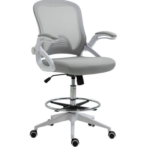 Chaise de bureau ergonomique avec accoudoirs relevables, anneau repose-pieds réglable et dossier en maille gris clair (1/5)