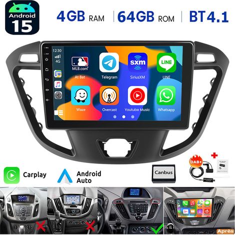 Autoradio Android 14 GPS FM RDS + Caméra pour Ford Transit Custom 2012-2021 - 4+64G DAB+