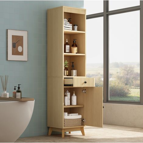 Colonna bagno 172 cm con cassetto e anta reversibile, legno naturale DESVIAE (1/5)