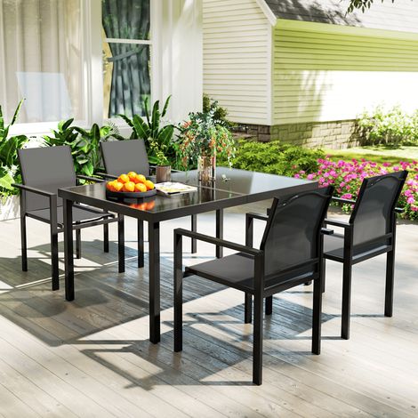 Gartentisch mit 4 stapelbaren Stühlen, 140 cm Tischplatte aus gehärtetem Glas, schwarz