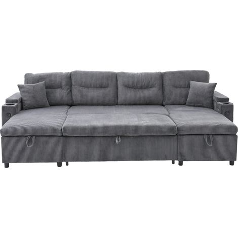 Sofá de 4 plazas de pana gris oscuro con dos chaise longues, cama, almacenaje y USB-C MODENUIT (1/5)