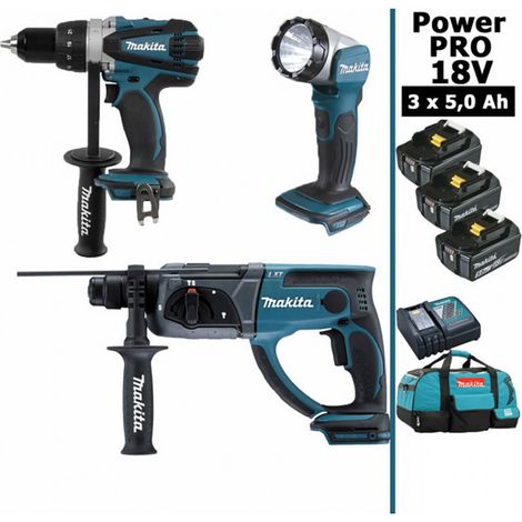 Pack Makita Power PRO 18V: Perceuse 91Nm DDF458 + Perfo 2J DHR202 + Lampe Torche Led 180lm + 3 batt 5Ah + sac MAKITA (1/5)