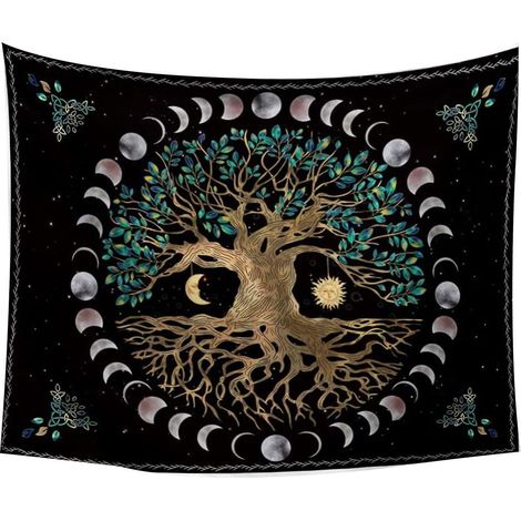 Schwarzer Lebensbaum-Wandteppich mit Sonne und Mond – 200 cm x 150 cm – Psychedelisches Hippie-Mandala (1/4)
