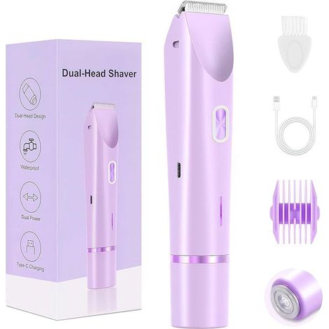 Rasoir électrique 2 en 1, double tête, rechargeable, tondeuse indolore, convient pour le maillot, le corps et le visage, étanche, violet. (1/5)
