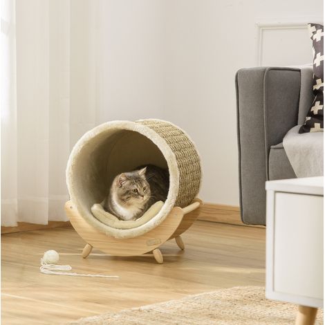 Maison pour chat surélevée avec niche, surface griffoir intégrée, coussin inclus, structure en bois, coloris kaki, pour chats jusqu’à 5 kg  CHICFURN (1/5)