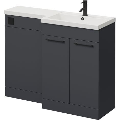 Napoli 390 Gloss Grey 1100mm 2 Door Vanity Unit Toilet Suite with Square Right Hand Lucia Basin - 1100mm - Matt Black 160mm HandleWithout Kingston Toilet Pan