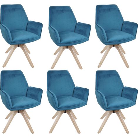 6er-Set Esszimmerstuhl HHG-384, Esstischstuhl Küchenstuhl mit Armlehne, drehbar Holz Samt 320 g/m² MVG türkis-blau
