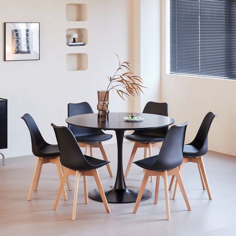 Wokaka Set Tavolo e Sedie da Pranzo - Tavolo Rotondo Moderno 110cm - con 6 Sedie da Pranzo in Stile Scandinavo - Nero
