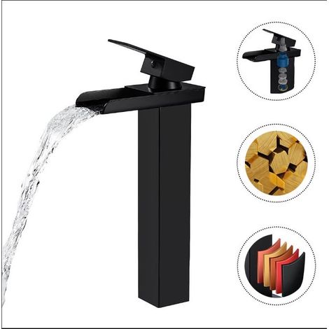 Robinet Salle Bain Cascade Noir Mat, Mitigeur Lavabo Cascade Haut,Robinetterie Vasque à Poser Carré en Laiton, Robinet Lavabo avec bec Hauteur, Eau Froide & Chaude Disponible, G 3/8 (1/5)