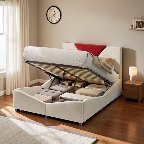 Bett mit Stauraum 140x190 cm - Doppelbett für Erwachsene - Beigefarbenes Samtgewebe - Integrierte LED - Modernes Design