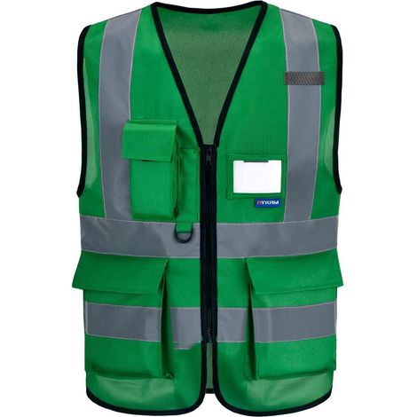 Warnweste mit Reflektorstreifen, Reißverschluss und Taschen, Grün, XL (1/4)