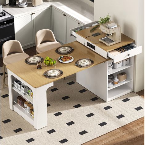 Tavolo da cucina estensibile su ruote con prese, piano removibile, bianco DESVIAE (1/5)