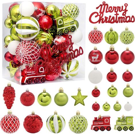 65 pièces ornements d'arbre de Noël, ensemble de décoration de boule de Noël rouge vert et blanc boule de Noël incassable ensemble d'ornement d'arbre suspendu (1/5)