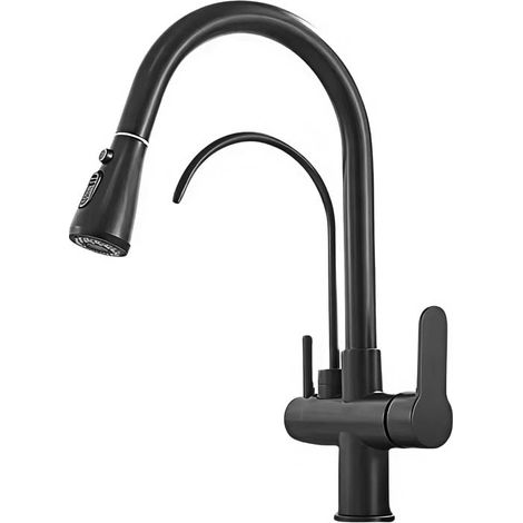 Mitigeur Évier Cuisine 3 Voies – Eau Filtrée, Chaude et Froide – Acier Inoxydable 304 Brossé – Douchette Extractible 3 Modes – Bec Pivotant 360° – Noir (1/5)