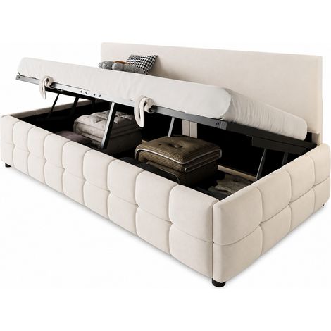 CHICFURN Lit de repos capitonne avec rangement hydraulique en velours beige 90 x 200 (1/5)