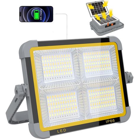 Projecteur LED Rechargeable - 150 W - 10000 Lm - 336 Perles LED - Double Panneau Solaire - IP66 - Pour Chantier Garage Camping - 1 Pièce (1/5)