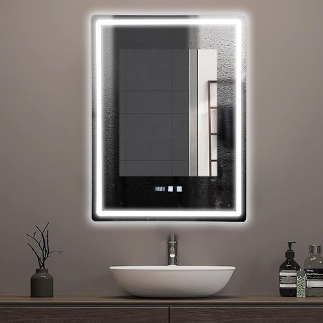Badspiegel mit Beleuchtung 60x80cm ,LED Spiegel mit 3 Lichtfarben Dimmbar, Entnebelung,Wandspiegel Led-Spiegel-Bad Horizontal/Vertikal für Badezimmern, Waschräumen (60×80cm)
