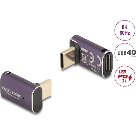 Delock USB Adaptador 40 Gbps USB Type-Câ¢ PD 3.1 240 W macho a puerto hembra sesgado 8K 60 Hz metal