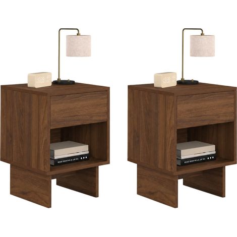 Lot de 2 tables de chevet YURI 1 tiroir avec niche effet noyer