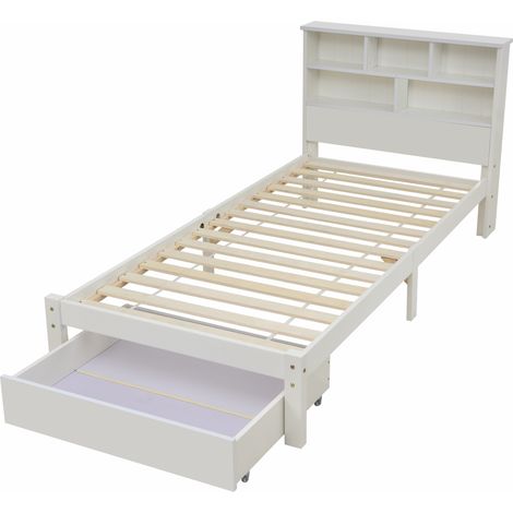Letto con Cassetti Singolo, con Testiera Libreria e Vano Contenitore 90×200 cm, senza Materasso (1/5)