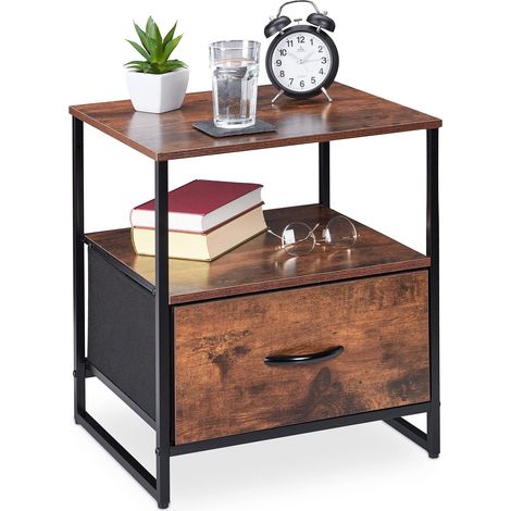 Table Chevet Industrielle, 2 étagères, Meuble d'appoint, tiroir, métal et MDF, HLP:50x45x40 cm, Noir/Marron (1/5)