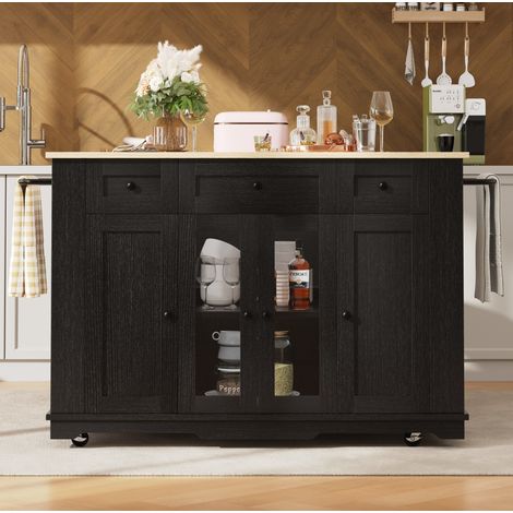Carrito de cocina sobre ruedas 151,5x60x91,7 cm con bandeja abatible, cajón y almacenamiento, en MDF, metal y vidrio, negro (1/5)