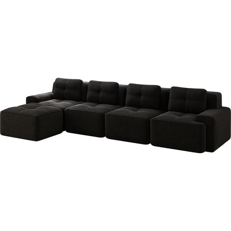 Canapé sans ossature pour salon, canapé modulaire avec méridienne en L, canapé 4 places confortable rembourré, en velours côtelé à assise profonde, sans montage, design antidérapant, noir (1/5)