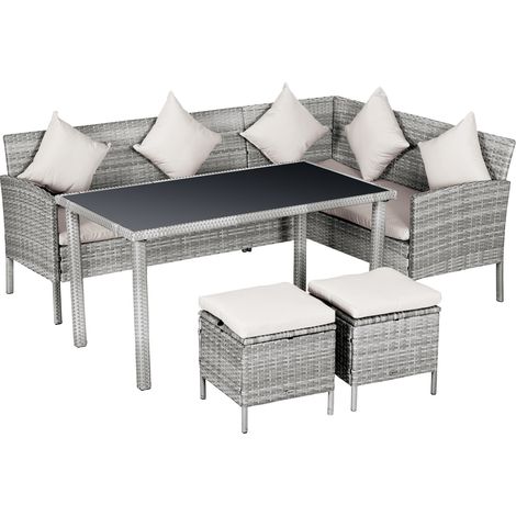 Outsunny Salon de jardin 6 pers. grand confort canapé d'angle + 2 poufs + table à manger 9 coussins assise & dossier fournis résine tressée grise (1/5)