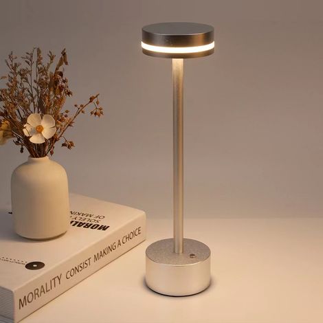 2PCS Lampe de table sans fil rechargeable, lampe de bureau LED en métal design charge usb, 3 modes de couleur, pour exterieur, terrasse, restaurant (1/4)