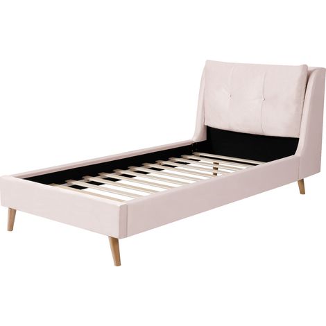 Lit rembourré, lit simple, lit enfant 90 x 200cm, lit avec sommier à lattes et tête de lit, pieds de lit en bois massif, tête de lit rembourrée, velours, rose (1/5)