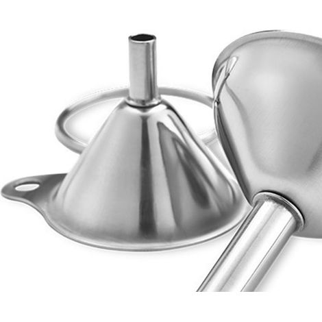 Set aus drei Mini-Edelstahltrichtern: Flüssigkeitsspender, Öltrichter, Weintrichter, Marmeladentrichter. (1/5)