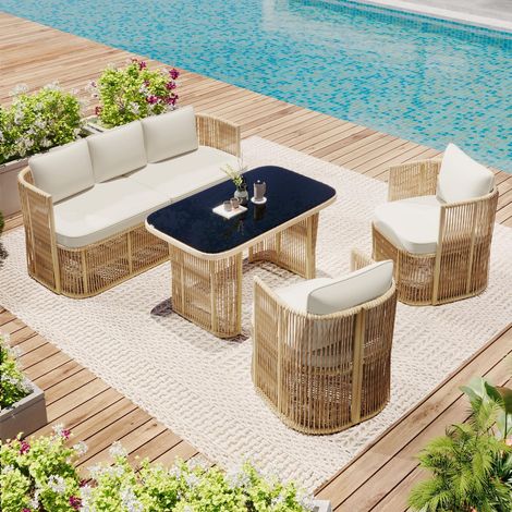 Gartentisch-und-Stuhl-Set – 4-teiliges Terrassen- und Eingangsbereich-Set aus Polyrattan mit 3-Sitzer-Sofa, 2 Sesseln und Couchtisch aus Sicherheitsglas