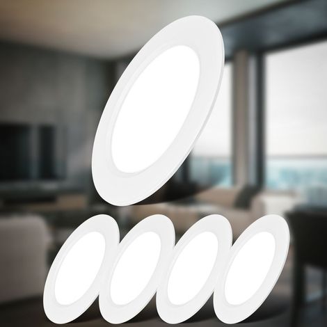 B.K.Licht Lot de 5 spots LED encastrables 230V, IP20, extra plat, lumière blanche neutre 4000K, 6W 660lm/spot, blanc, perçage Ø100mm, Ø120mm