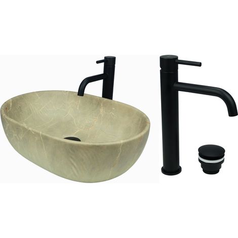 GTM Design Aufsatzwaschbecken 48 cm Matt Set mit Waschtischbatterie und Stopfen - Aufsatzwaschbecken Oval für Badezimmer - Modernes Waschbecken ohne Hahnloch - Waschbecken mit Armature (1/5)