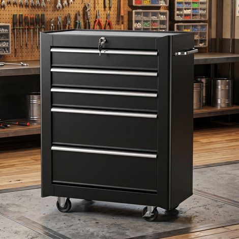 Chariot à outils sur roulettes, Servante d'atelier en acier 5 tiroirs verrouillable 2 clés, 61,5 x 33 x 82,5 cm, noir (1/5)