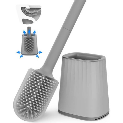Brosse WC,  Ensemble Brosse de Toilette en Silicone avec Support Mural et Support à Poser au Sol, tête de Brosse de Nettoyage Double Face, Manche Long et Récipient Gris (1/5)