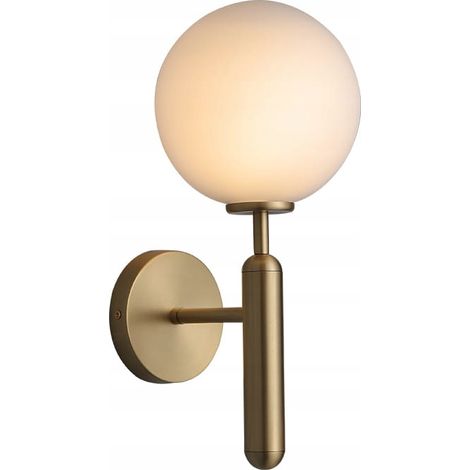 Stick Wall – moderne Wandleuchte, milchige Kugel, 32 cm, goldfarbenes Messing