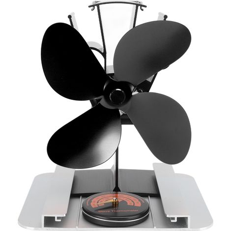 Ventilateur de Poêle à Bois 4 Pales Aluminium, Silencieux avec Thermomètre et Écran Thermique, Fonctionne par Chaleur pour Cheminée et Poêle à Pellets Noir (1/5)