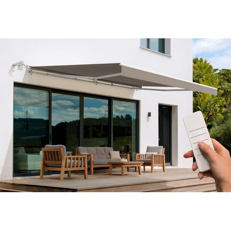 Toldo motorizado FAZZIO de 5 m x 3 m, blanco, tipo semicassette, con tejido color topo (1/4)