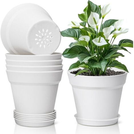 6-teiliges Set aus 20 cm großen weißen Kunststoff-Blumentöpfen mit Abflusslöchern, geeignet für Gärten, Balkone und den Innen- und Außenbereich