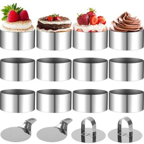 12-teiliges Gebäckring-Set, 8 cm Präsentationsringe mit 2 Deckeln und 2 Unterteilen, runde Ausstechformen aus Edelstahl, runde Mousse-Ringe für Gebäck, Desserts und Mousses (1/5)
